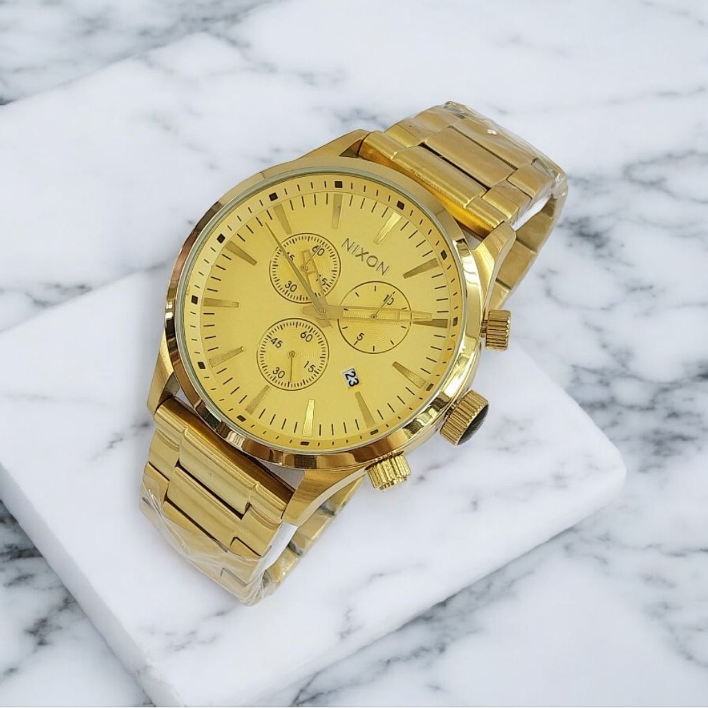 GROSIR TERMURAH...Jam Tangan Pria Sultan Keren New NIXON FULL GOLD EMAS CHRONOGRAPH & TGL ON Rantai 