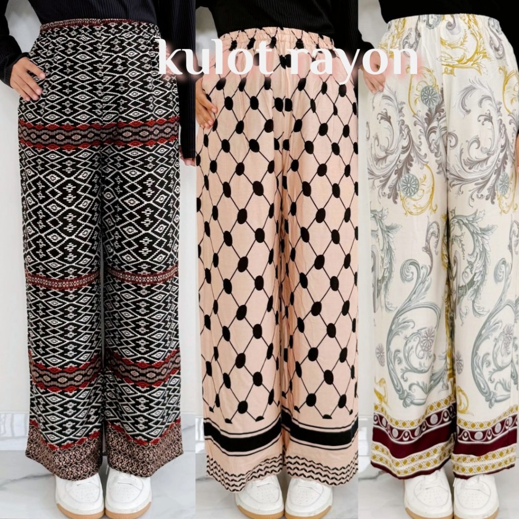 Celana Kulot Hommy Free Pouch Motif Wanita Bahan Rayon Kulot Panjang Motif Adem Rayon Garis Kain
