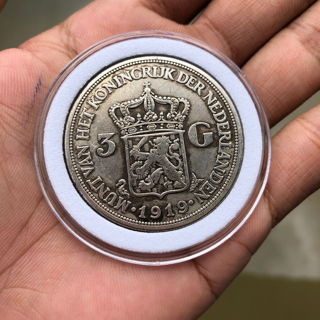 Koin Kuno Wilhelmina 3 Gulden 1919 Samping Garis