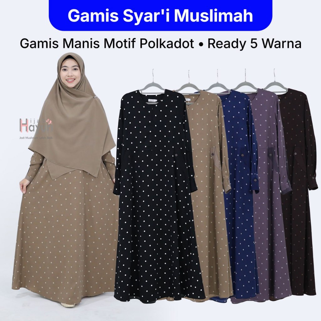Gamis Simple Bahan Adem Syar'i Tidak Menerawang Wolfis Grade A Motif Polkadot Cantik Divia
