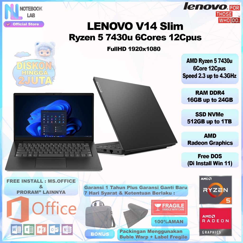 Laptop Lenovo V14 | AMD Ryzen 5 7430u | RAM 16GB | SSD NVMe 512GB | Windows 11 Original