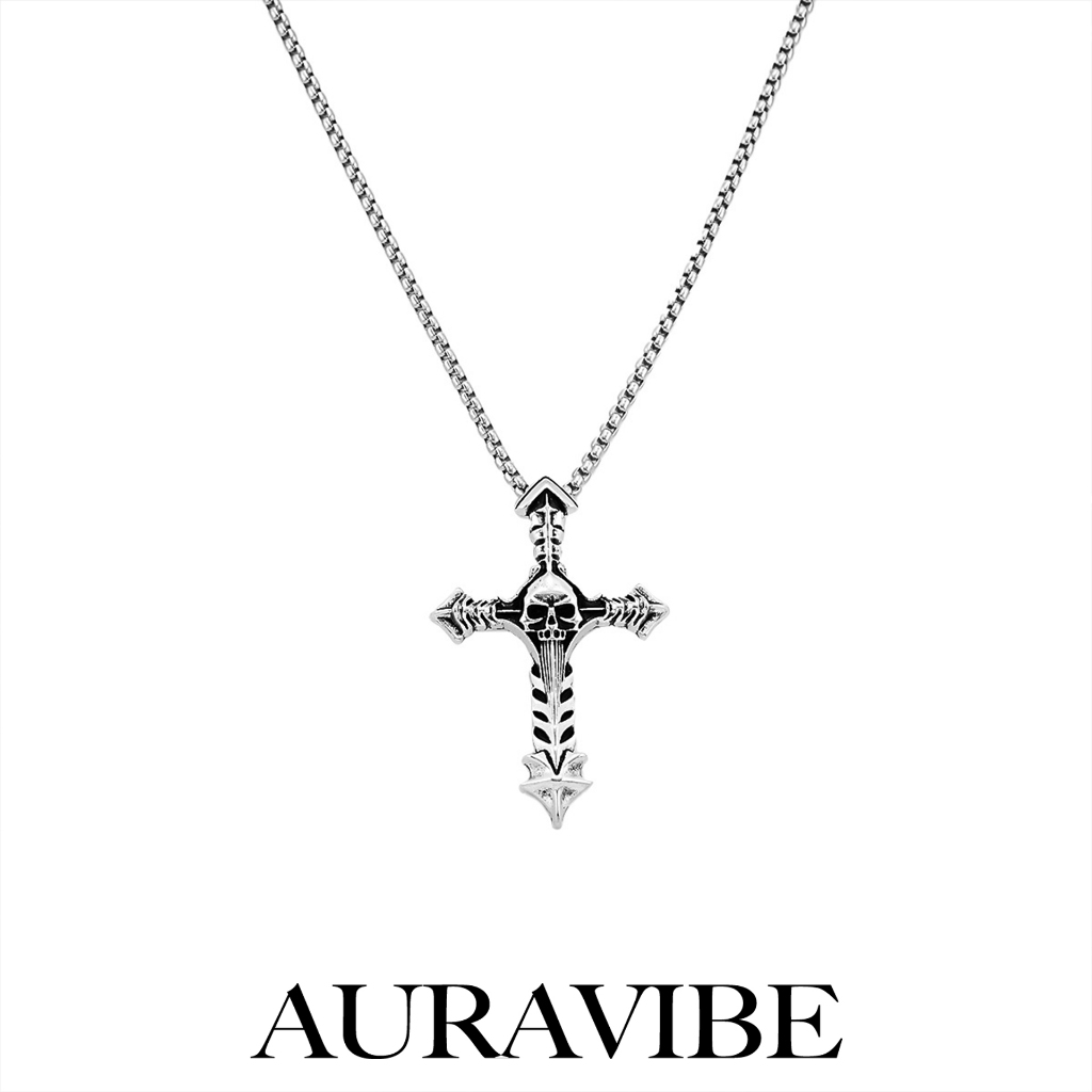 AURAVIBE Kalung Titanium Pria Gothic - Liontin Salib & Tengkorak, Aksesori Gelap Trendi Gaya Eropa