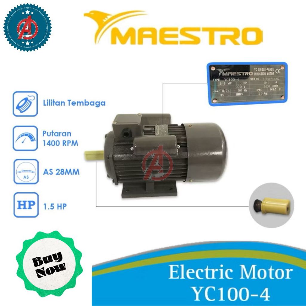 Dinamo Motor Penggerak Listrik 1,5HP 4P 1Phase 1400Rpm / Elektromotor Maestro 1,5HP 2P 2800Rpm 1 Pha