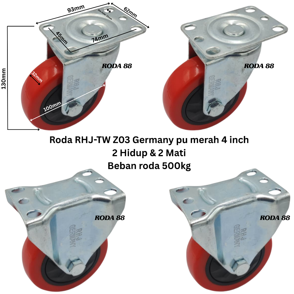 Roda RHJ-TW-Z03 Germany 4 inch pu Merah (2 Hidup & 2 Mati) Beban roda 500kg