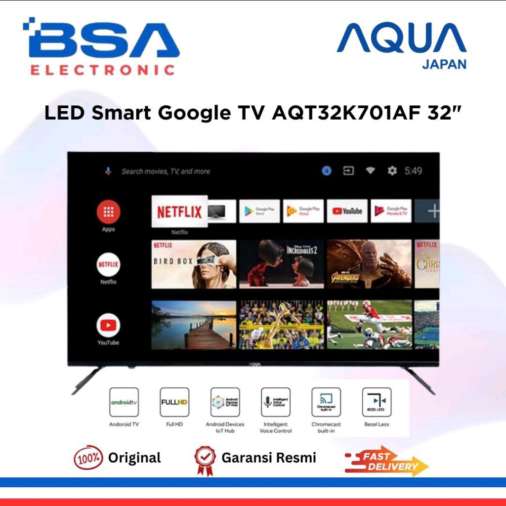 AQUA LED Smart Google TV 32 Inch AQT32K701AF / AQT 32K701AF / AQT-32K701 - Full HD - Bezel Less - Yo