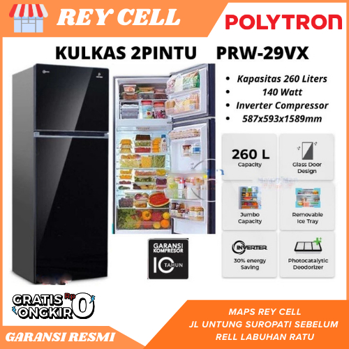 KULKAS POLYTRON 29V INVERTER GARANSI RESMI -  Kulkas 2 Pintu Belleza Jumbo Inverter 260 Liter PRW 29
