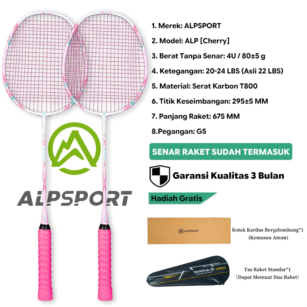 ALPSPORT New Cherry Set 2 Pink Raket Bulutangkis + Tas Wanita Cewek Anak Perempuan Full Carbon Serat