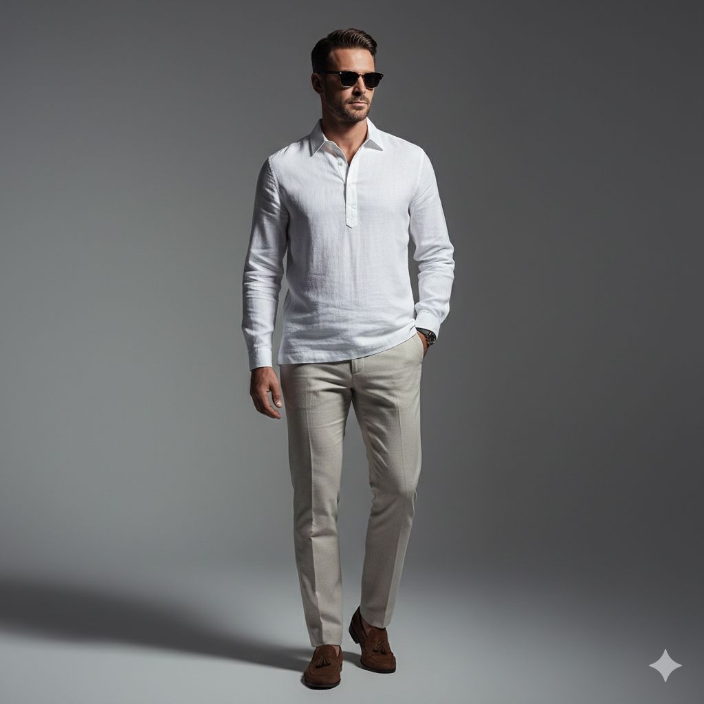 Kemeja Linen Pria kerah Lengan Panjang Kasual Baju pantai pria premium setengah kancing Berkerah Kor