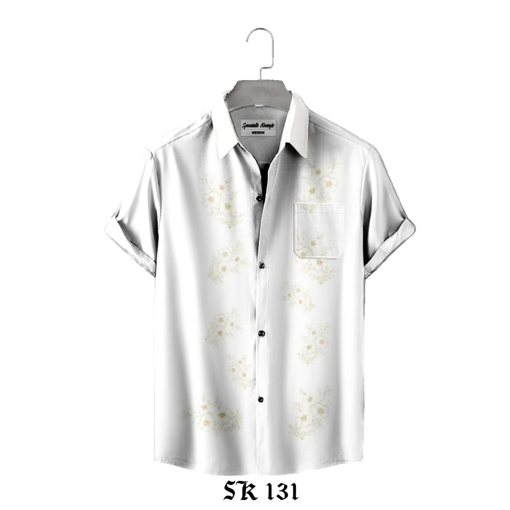 Kemeja Casual Santai Pria Wanita Putih Motif Floral Tangan Panjang Pendek A-131