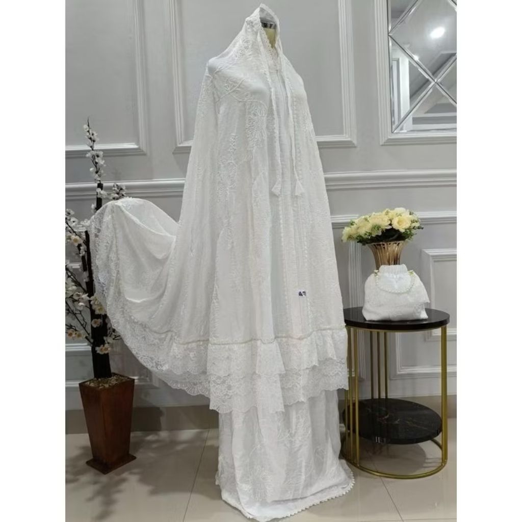 Mukena Dewasa Katun Polo Linen Bordir Renda Mewah Import 2 in 1  Bahan Adem Jumbo‎