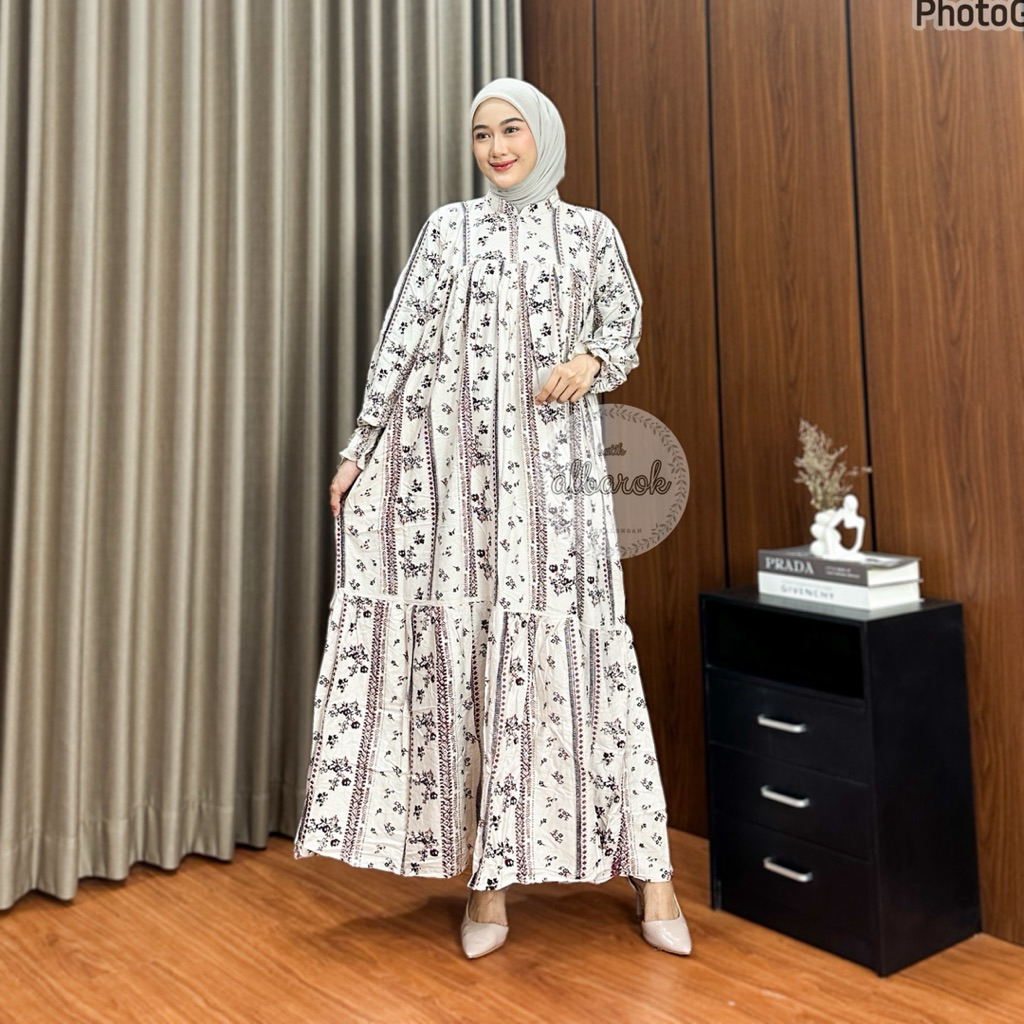 Maxi dress fatimah busui bahan rayon Ld 120 gamis rempel susun motif bunga dress lebaran terbaru bah