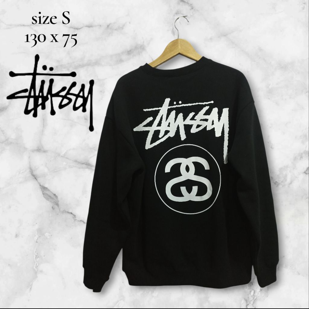 Crewneck stussy double S logo hitam sz S oversized BNWOT