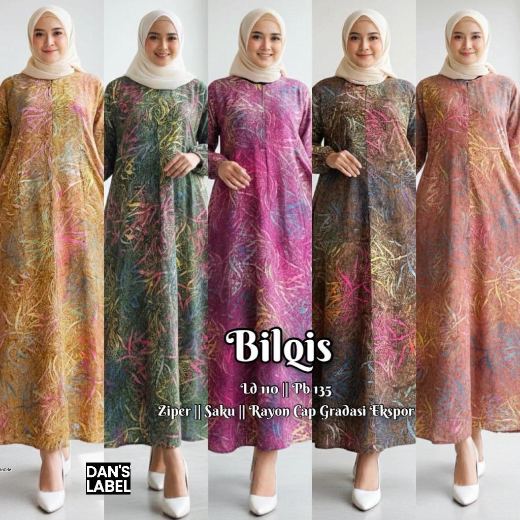 Gamis Dress Jumbo Bilqis Original DAN'S LABEL Rayon Cap Gradasi Premium LD 110 PB 135 Zipper Depan B