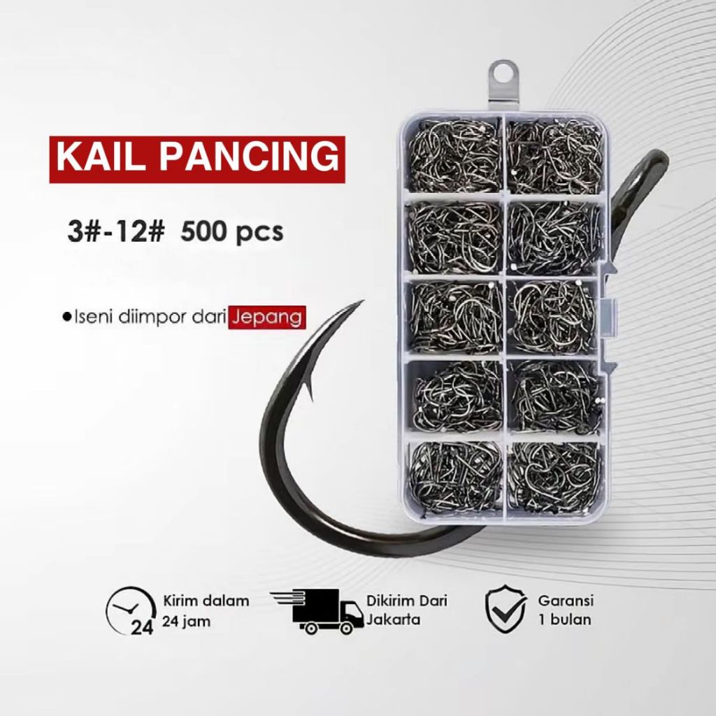 Set Kail Pancing 10 Ukuran 500 Buah - Peralatan Memancing Ikan Bahan Baja Tajam Untuk Ikan Besar