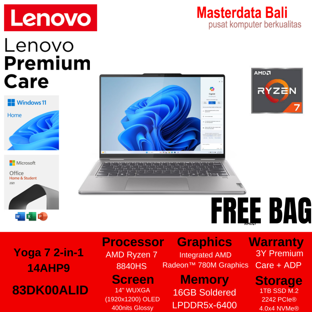Lenovo Yoga 7 2-in-1 14AHP9 - 83DK00ALID /AMD Ryzen 7-8840HS/16GB/1TB SSD/AMD Radeon 780M Graphics/1