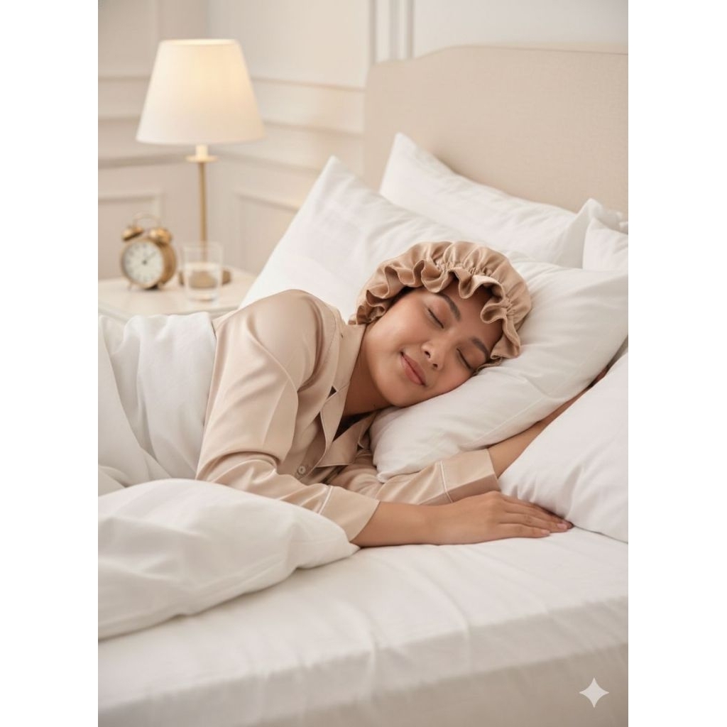 Hair Bonnet Satin Silky Silk Shower Cap Pelindung Rambut Saat Tidur Nyaman Adem Lembut