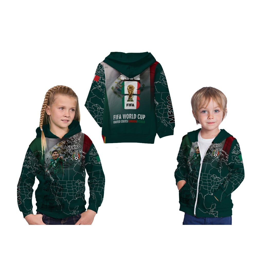 Jaket Hoodie Zipper Anak Casual Piala Dunia FIFA World Cup 2026 Negara Mexico Custom Full printing F