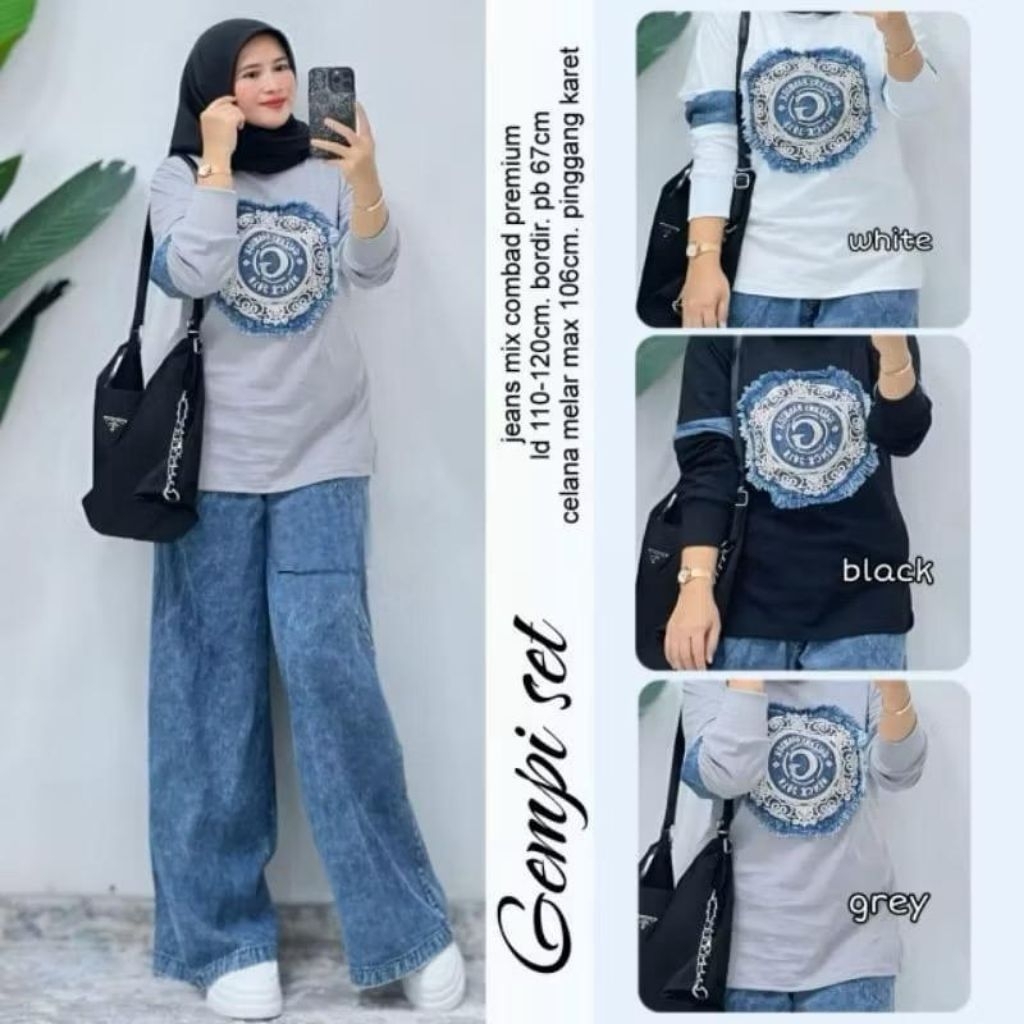 Setelan jeans kulot wanita atasan kaos combed 24s celana jeans kulot saku samping, setelan jeans wan