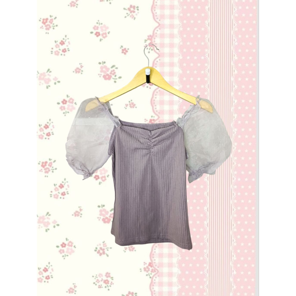 Kawai Puffy Hand Rib Knit Mix Organza Top Lilac Fairycore Princesscore GRL