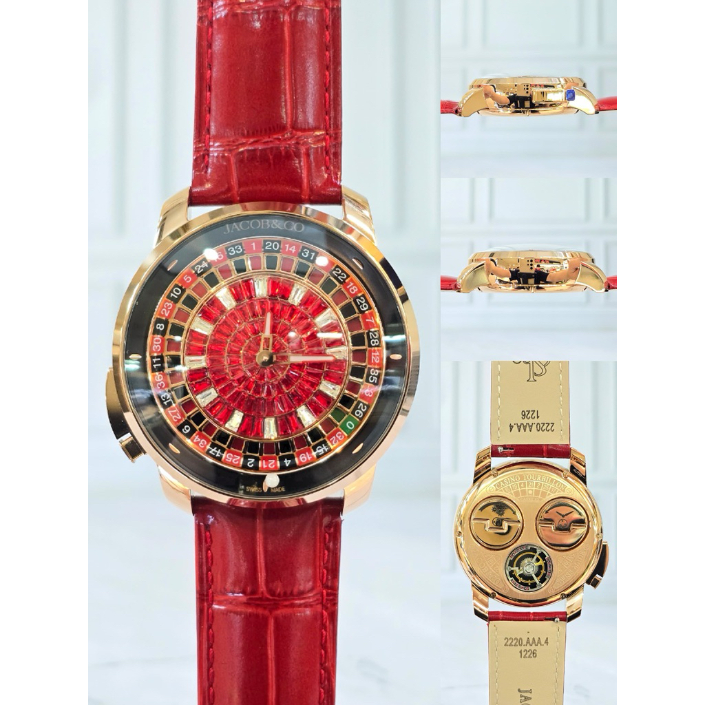 jam pria Jacob & Co  Roulette Diamond Baguet Cuts dial red leather strap.