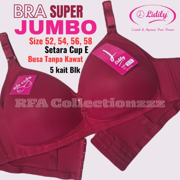 Bra Jumbo Big Size Lidily Ukuran 52 54 56 58 Tanpa Kawat Cup E Busa Tipis Kait 5 Pakaian Dalam Wanit