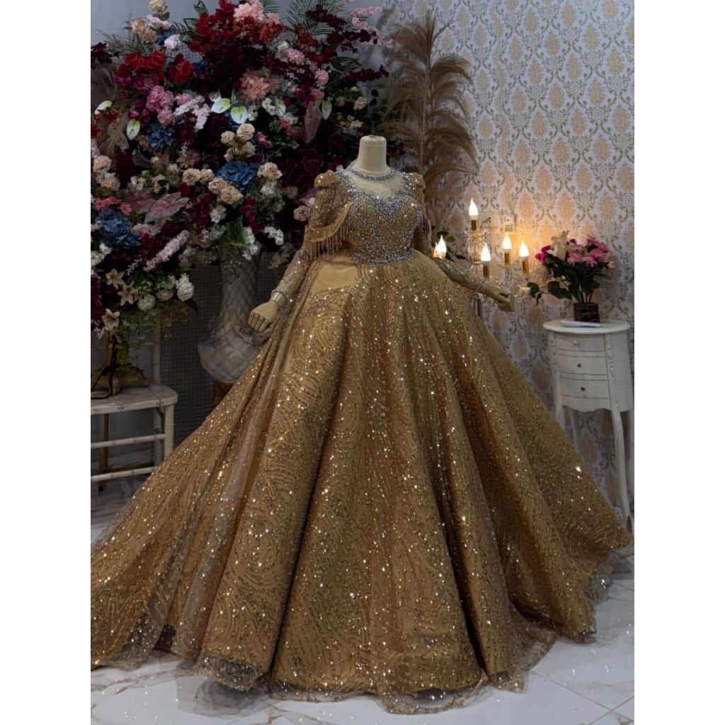 GAUN PENGANTIN LUXURY FULL PAYET/GAUN PENGANTIN WARNA GOLD