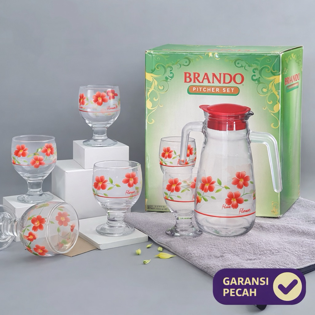 AS Set Teko & Gelas Kaca Brando Flower | Pitcher Kaca Motif Bunga + 4 Gelas | Elegan & Tebal