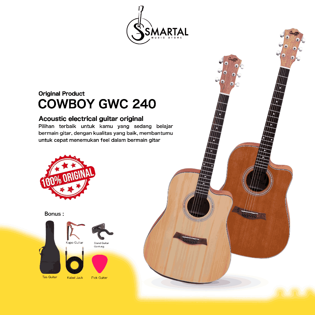 Gitar Akustik Elektrik Cowboy Gwc 240 NA NS Original Equaliser Tuner FREE PACKING KAYU Harga Terjang