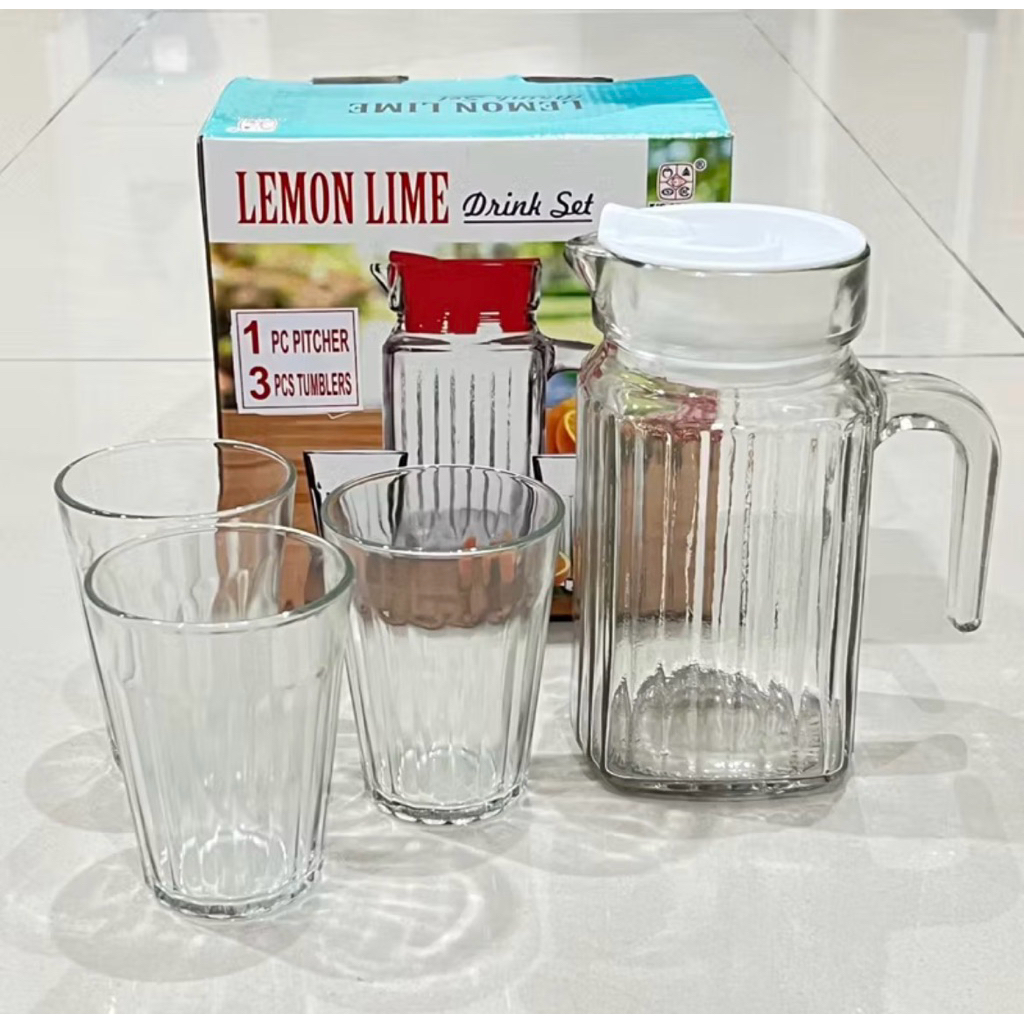 AS Set Teko & Gelas Kaca Lemon Lime | Drink Set Pitcher Kaca + 3 Gelas | Minimalis & Tebal