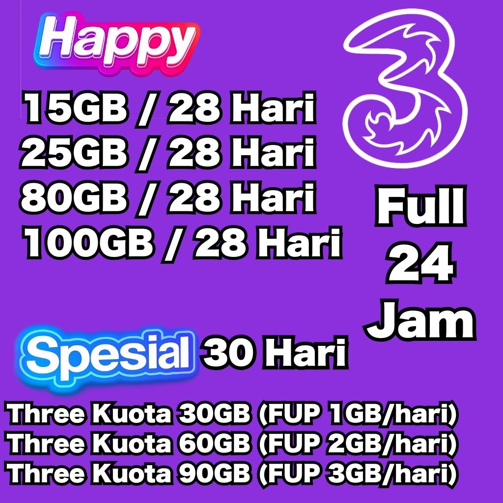 TRI Happy Kuota Internet Full 24 Jam 28/30 Hari