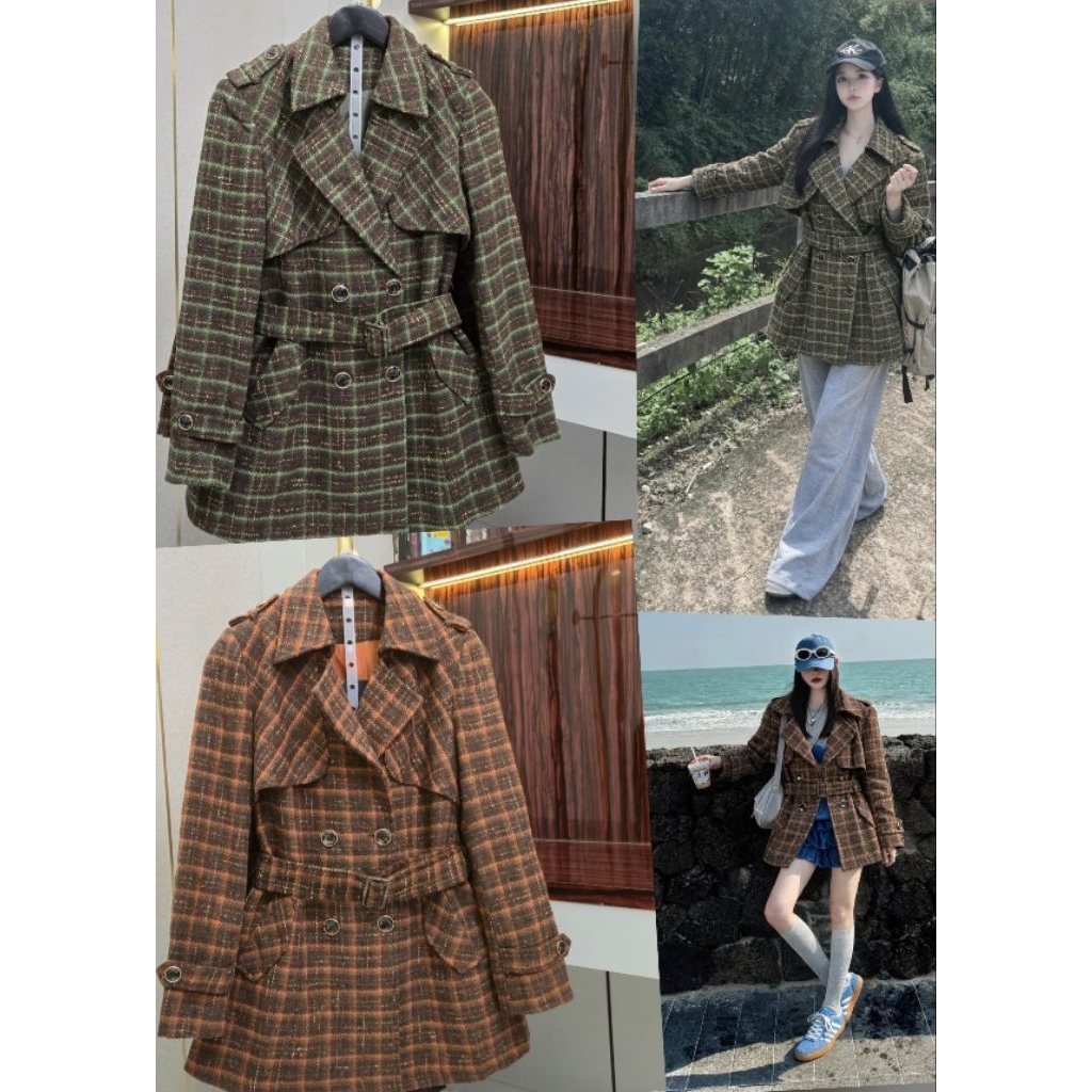 MIDI COAT BAHAN TWEED PREMIUM WANITA FASHION MOTIF KOTAK-KOTAK