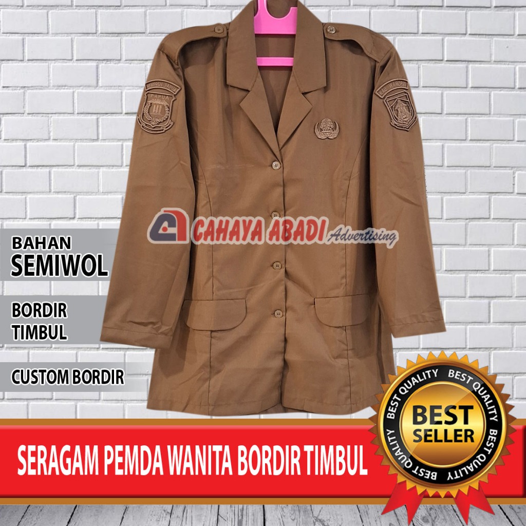 Seragam PEMDA PNS Wanita Khaki Baju PEMDA PNS Wanita Khaki Bordir Timbul Custom