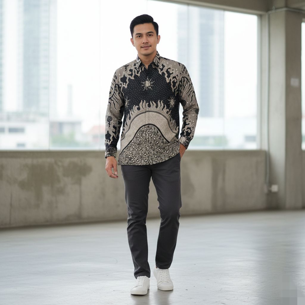 Batik Pria Lengan Panjang Hitam Bahan Katun Prima Baju Seragam Pesta Pernikahan Dan Kantor
