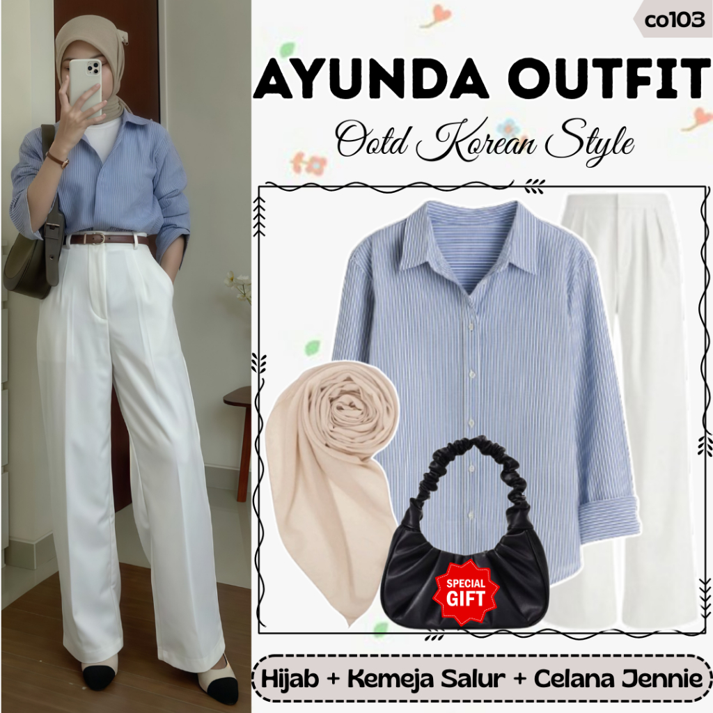 Outfit Set Wanita Hijab | Celana Jennie Knit Broken White, Kemeja Salur Sky Blue, Hijab Bella Square