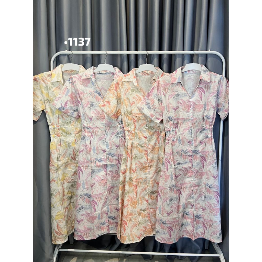 Dress Wanita Motif Daun Floral | Dress Kancing Depan Lengan Pendek Adem | ATA 1137