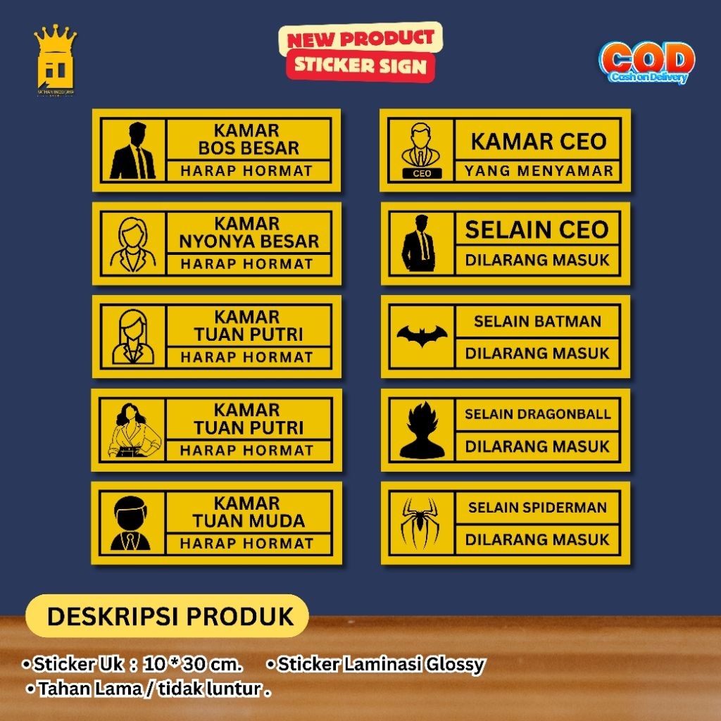 Stiker kamar Bos Besar Kamar Tuan Muda Kamar Nyonya Besar Kamar Tuan Putri Selain Spiderman Dilarang