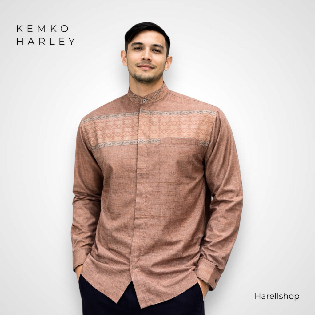 Kemko Harley Pria Lengan Panjang Coklat Milo | Baju Koko Modern Katun Adem | Kemeja Koko Premium