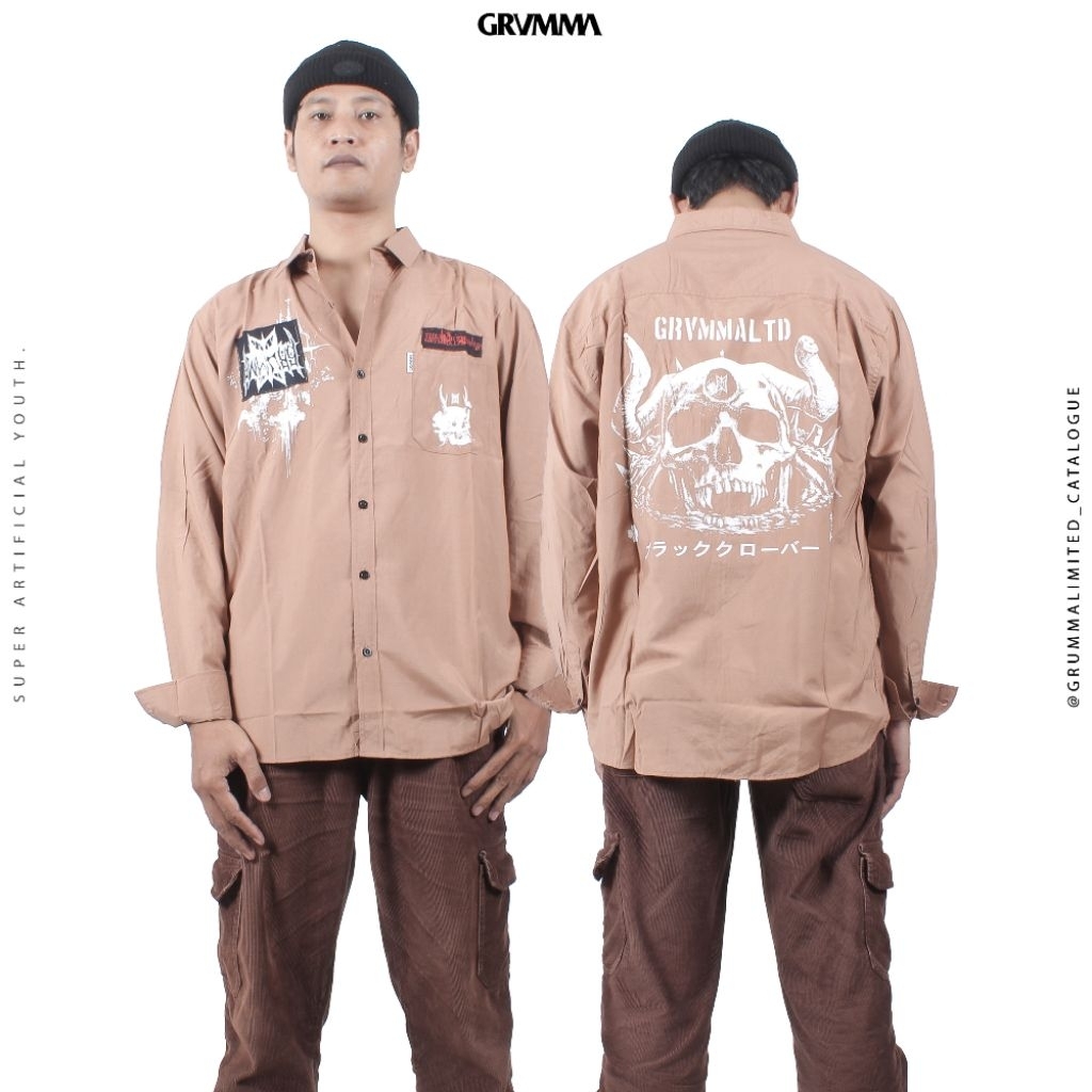 GRUMMA - Kemeja Fit Reguler Lengan Panjang Japan Skull