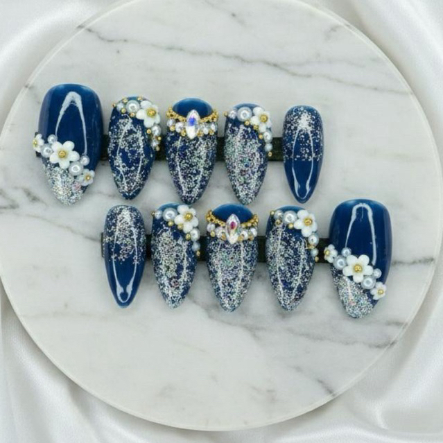 Kuku palsu Biru | Blue Flower 2 | Free Lem Gel | Wedding fake Nails