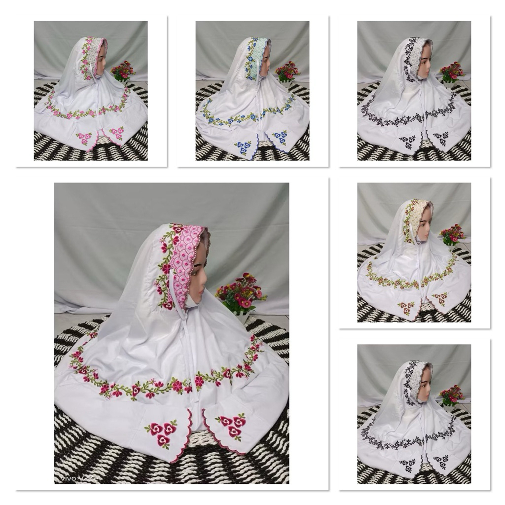 mukena terusan warna putih motif bunga