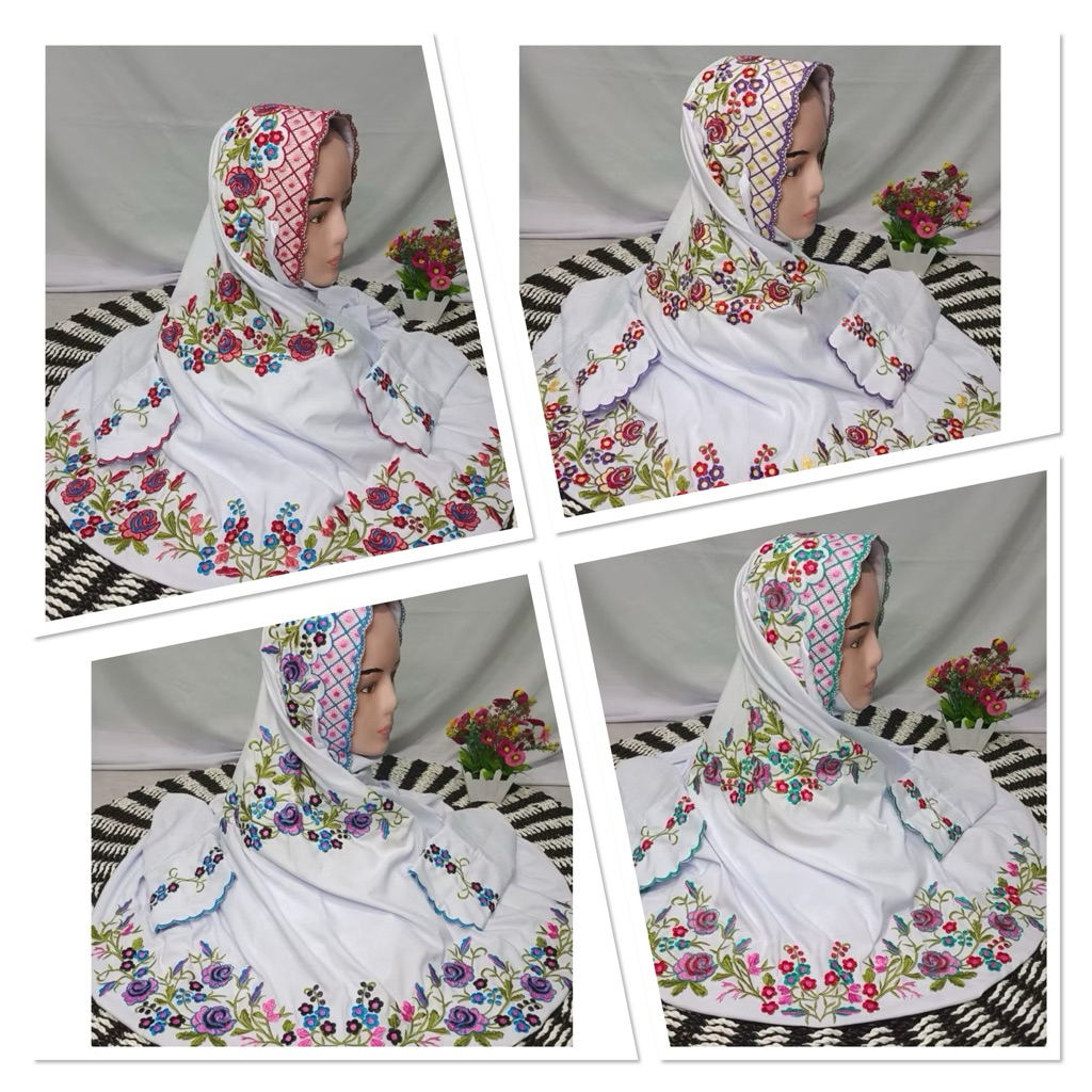 mukena bordir terusan warna putih motif bunga