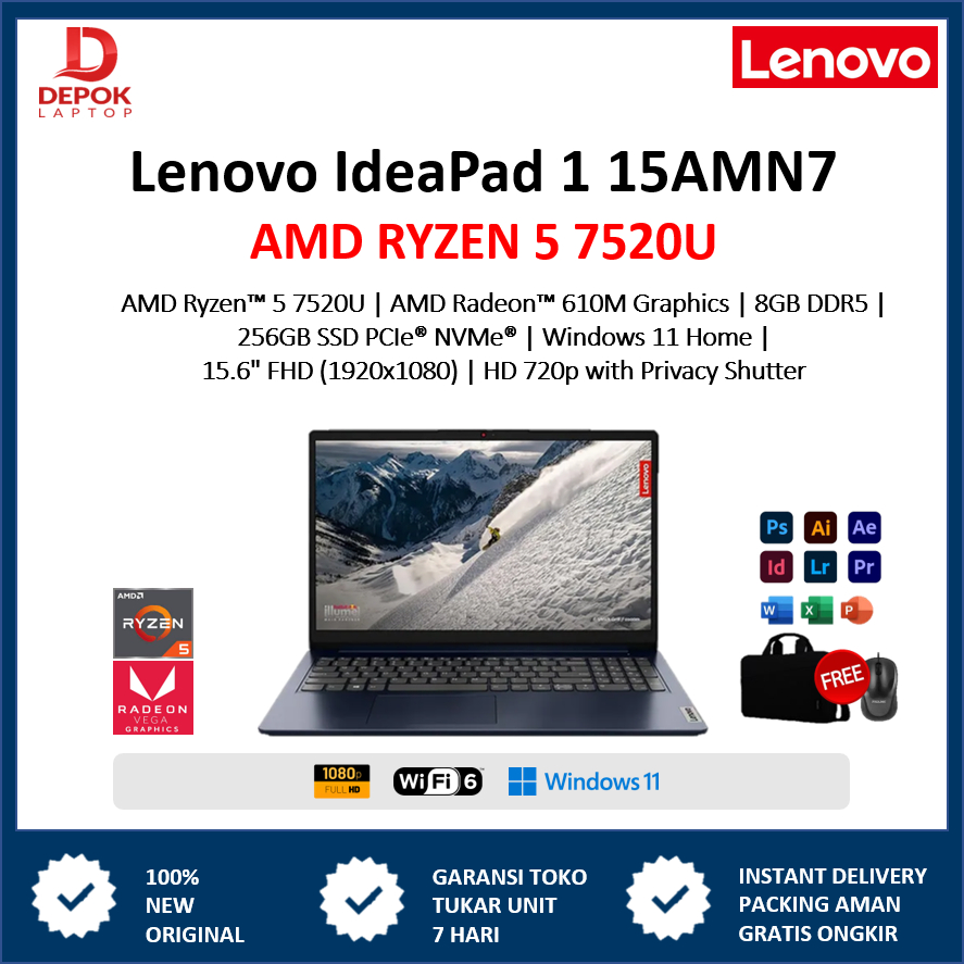 LAPTOP Lenovo Ideapad Slim 1 15 Ryzen 5 7520 8GB 256GB Windows 11 15.6" FHD