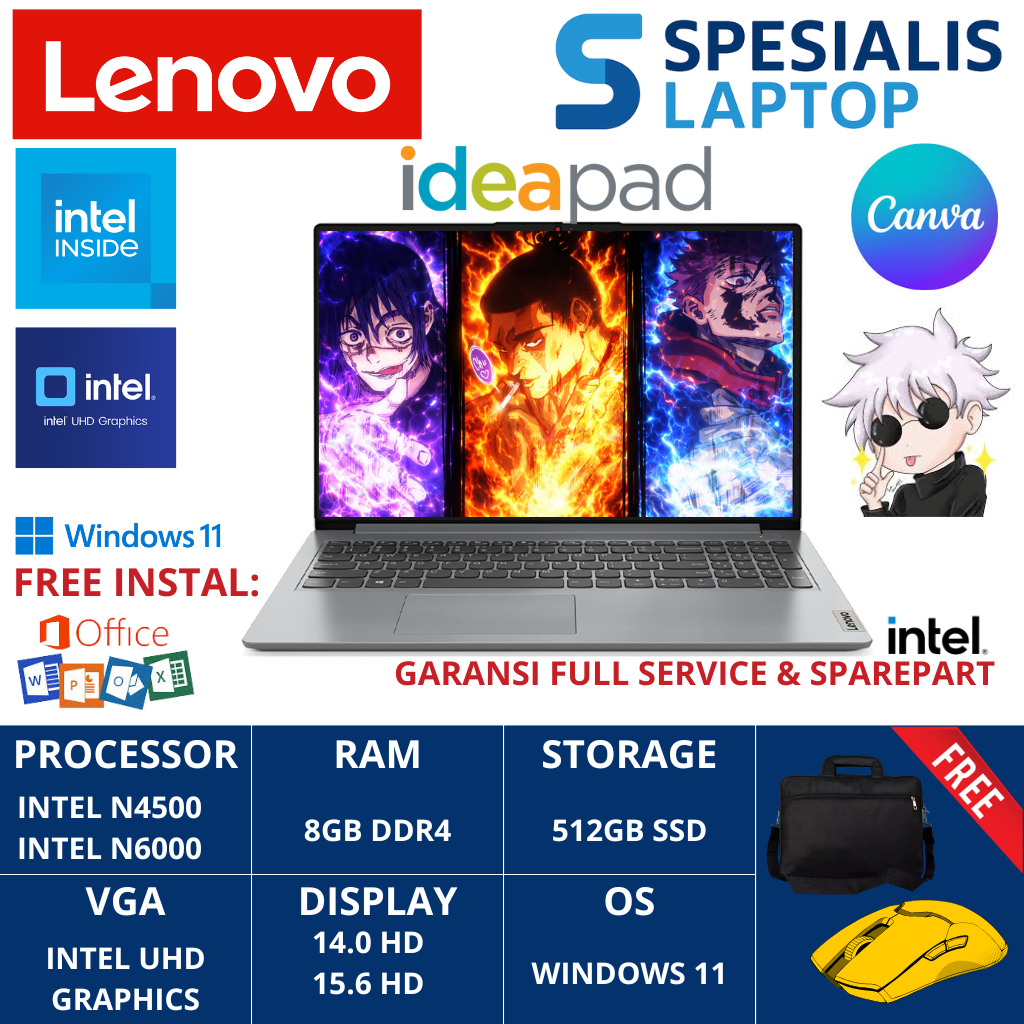 LAPTOP MURAH BARU LENOVO IDEAPAD SLIM 3i INTEL CORE N6000 RAM 8GB SSD 512GB FHD WINDOWS 11 ORI