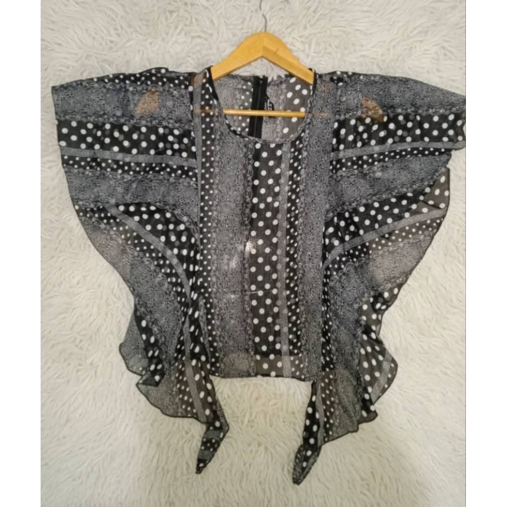 blouse sheer polkadot a Shymetric morikei baju trendy gaya Morikei butterwings