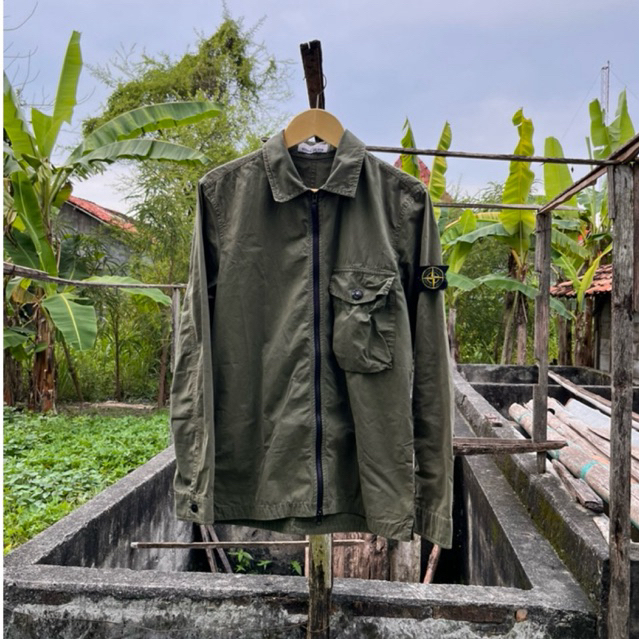ovs si overshirt garment dyed stone island certilogo green olive zipper pocket