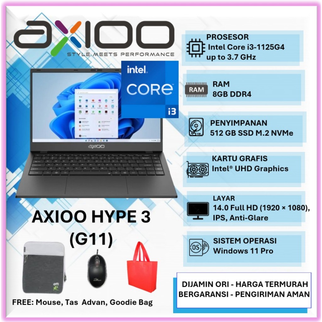 Laptop Kerja Axioo Hype 3 G11 Intel Core i3 1125G4 14inch FHD IPS Win11Pro