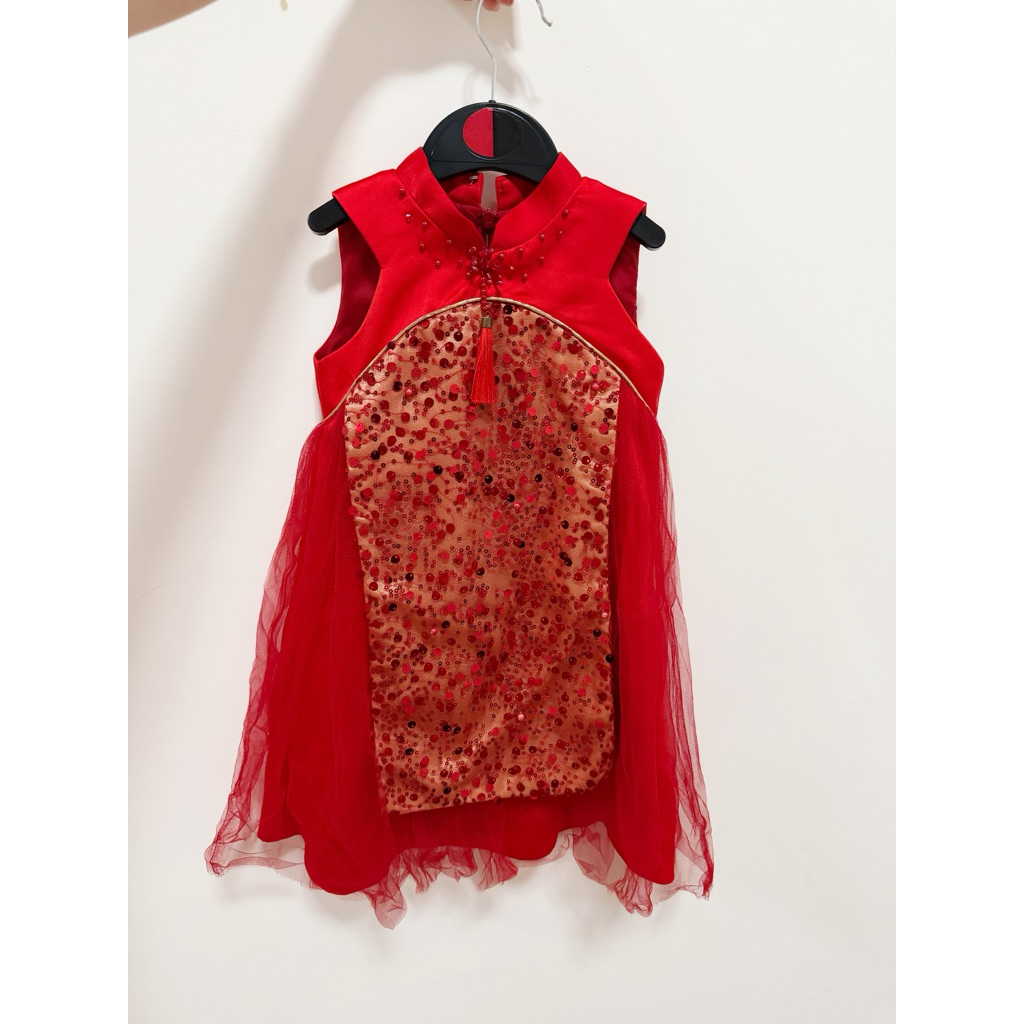 Dress Bayi pesta anak Perempuan imlek merah qibao qi bao tingjing cheongsam cheong sam emas sincia p