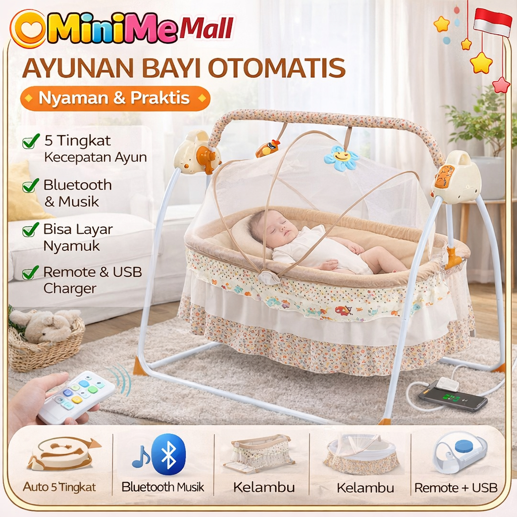 Ayunan Bayi Elektrik Otomatis Bluetooth Portable Bisa Dilipat Multifungsi Dengan Kontrol Remote Untu