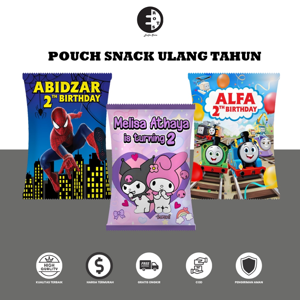 Pouch Snack Jumbo / Kemasan Pouch Snack Ulang Tahun Anak Custom Desain Ukuran Small Medium Dan Large