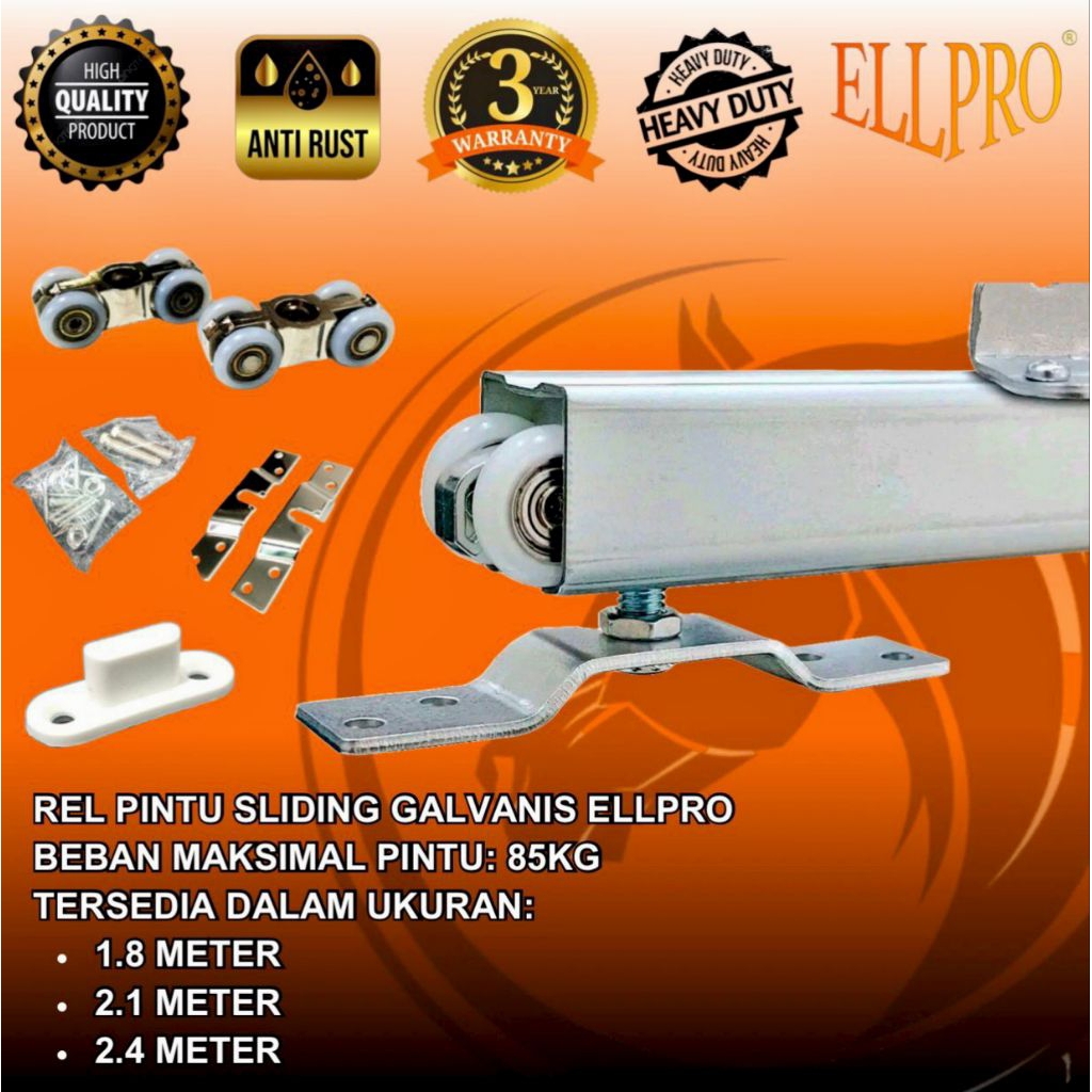 Rel Pintu Sliding/Geser Gallvanis ELLPRO Komplit Set Maks.85kg Panjang 1,8M/2,1M/2,4M